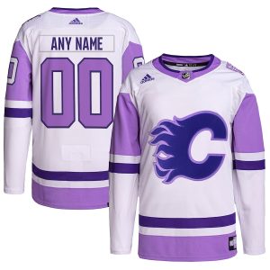 Men’s Calgary Flames adidas White/Purple Hockey Fights Cancer Primegreen Authentic Custom Jersey