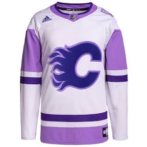 Men’s Calgary Flames adidas White/Purple Hockey Fights Cancer Primegreen Authentic Custom Jersey