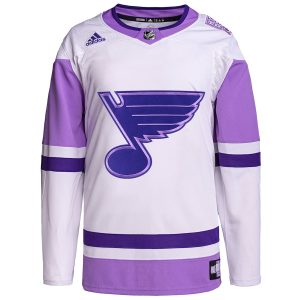 Men’s St. Louis Blues adidas White/Purple Hockey Fights Cancer Primegreen Authentic Custom Jersey