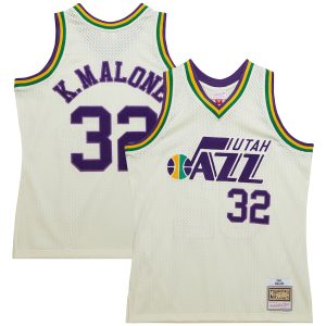 Men’s Utah Jazz Karl Malone Mitchell & Ness Cream Chainstitch Swingman Jersey