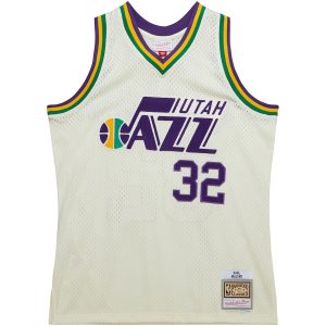 Men’s Utah Jazz Karl Malone Mitchell & Ness Cream Chainstitch Swingman Jersey