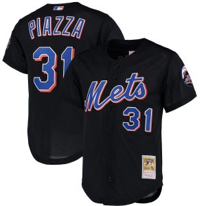 Men’s New York Mets Mike Piazza Mitchell & Ness Black Cooperstown Collection Mesh Batting Practice Button-Up Jersey