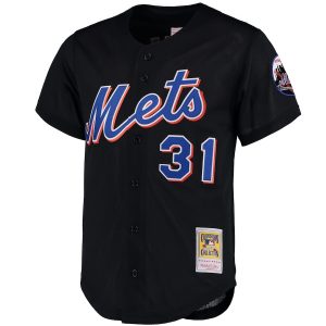 Men’s New York Mets Mike Piazza Mitchell & Ness Black Cooperstown Collection Mesh Batting Practice Button-Up Jersey