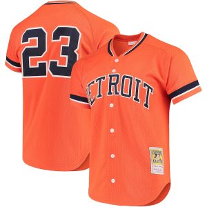 Men’s Detroit Tigers Kirk Gibson Mitchell & Ness Orange Cooperstown Collection Mesh Batting Practice Button-Up Jersey