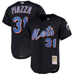 Men’s New York Mets Mike Piazza Mitchell & Ness Black Big & Tall Cooperstown Collection Mesh Button-Up Jersey