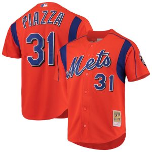 Men’s New York Mets Mike Piazza Mitchell & Ness Orange Cooperstown Collection Mesh Batting Practice Button-Up Jersey