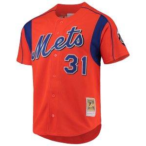 Men’s New York Mets Mike Piazza Mitchell & Ness Orange Cooperstown Collection Mesh Batting Practice Button-Up Jersey