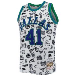 Men’s Dallas Mavericks Dirk Nowitzki Mitchell & Ness White 1998/99 Hardwood Classics Doodle Swingman Jersey