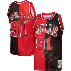 Men’s Chicago Bulls Dennis Rodman Mitchell & Ness Red/Black Hardwood Classics 1995/96 Split Swingman Jersey