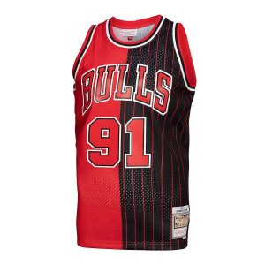 Men’s Chicago Bulls Dennis Rodman Mitchell & Ness Red/Black Hardwood Classics 1995/96 Split Swingman Jersey