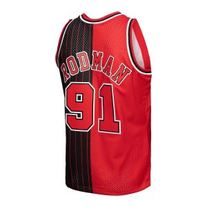 Men’s Chicago Bulls Dennis Rodman Mitchell & Ness Red/Black Hardwood Classics 1995/96 Split Swingman Jersey