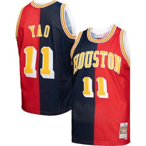 Men’s Houston Rockets Yao Ming Mitchell & Ness Navy/Red Hardwood Classics 2004/05 Split Swingman Jersey