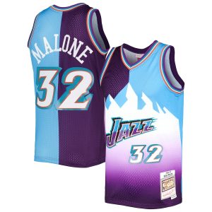 Men’s Utah Jazz Karl Malone Mitchell & Ness Purple/Turquoise Hardwood Classics 1996/97 Split Swingman Jersey