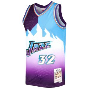 Men’s Utah Jazz Karl Malone Mitchell & Ness Purple/Turquoise Hardwood Classics 1996/97 Split Swingman Jersey