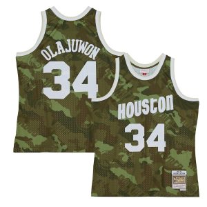 Men’s Houston Rockets Hakeem Olajuwon Mitchell & Ness Camo Hardwood Classics 1993/94 Ghost Green Swingman Jersey