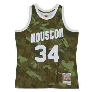 Men’s Houston Rockets Hakeem Olajuwon Mitchell & Ness Camo Hardwood Classics 1993/94 Ghost Green Swingman Jersey