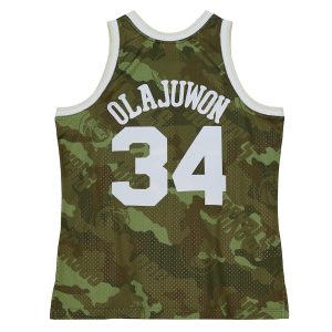 Men’s Houston Rockets Hakeem Olajuwon Mitchell & Ness Camo Hardwood Classics 1993/94 Ghost Green Swingman Jersey