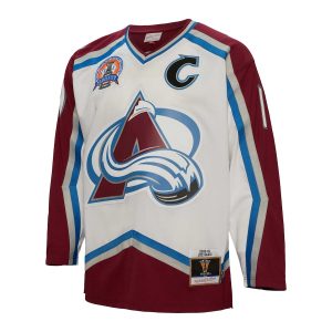 Men’s Colorado Avalanche Joe Sakic Mitchell & Ness White Captain Patch 2000/01 Blue Line Player Jersey